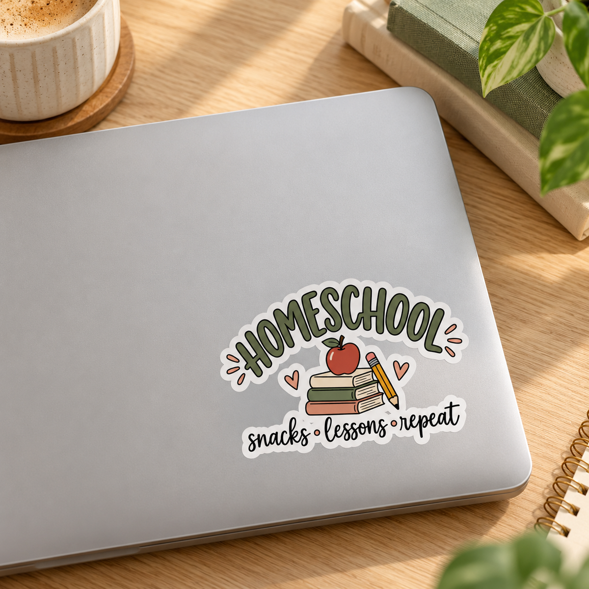 Homeschool Mom Sticker - Snacks Lessons Repeat Kiss-Cut Sticker for Laptop or Planner, Homeschool Mama Gift