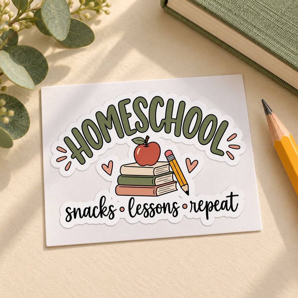 Homeschool Mom Sticker - Snacks Lessons Repeat Kiss-Cut Sticker for Laptop or Planner, Homeschool Mama Gift