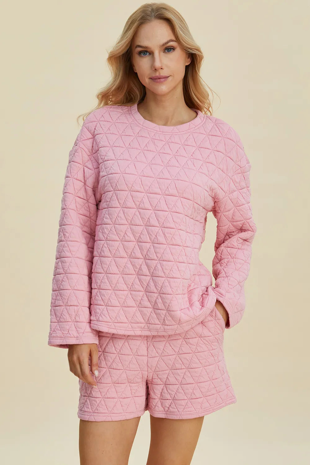 Double Take Full Size Texture Round Neck Long Sleeve Top and Shorts Se ...